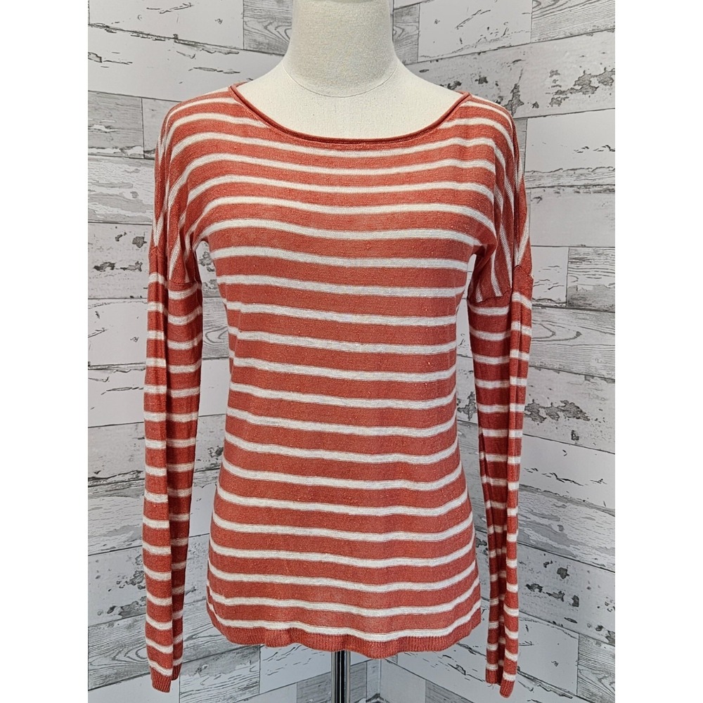 Vince Womens XS Orange White Striped 100% Linen Long Sleeve Sweater